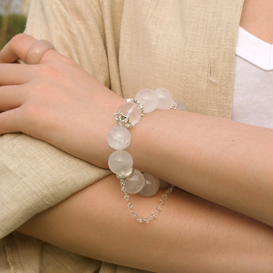 Pulsera de cuarzo fantasma blanco y cristal de azeztulita blanca 