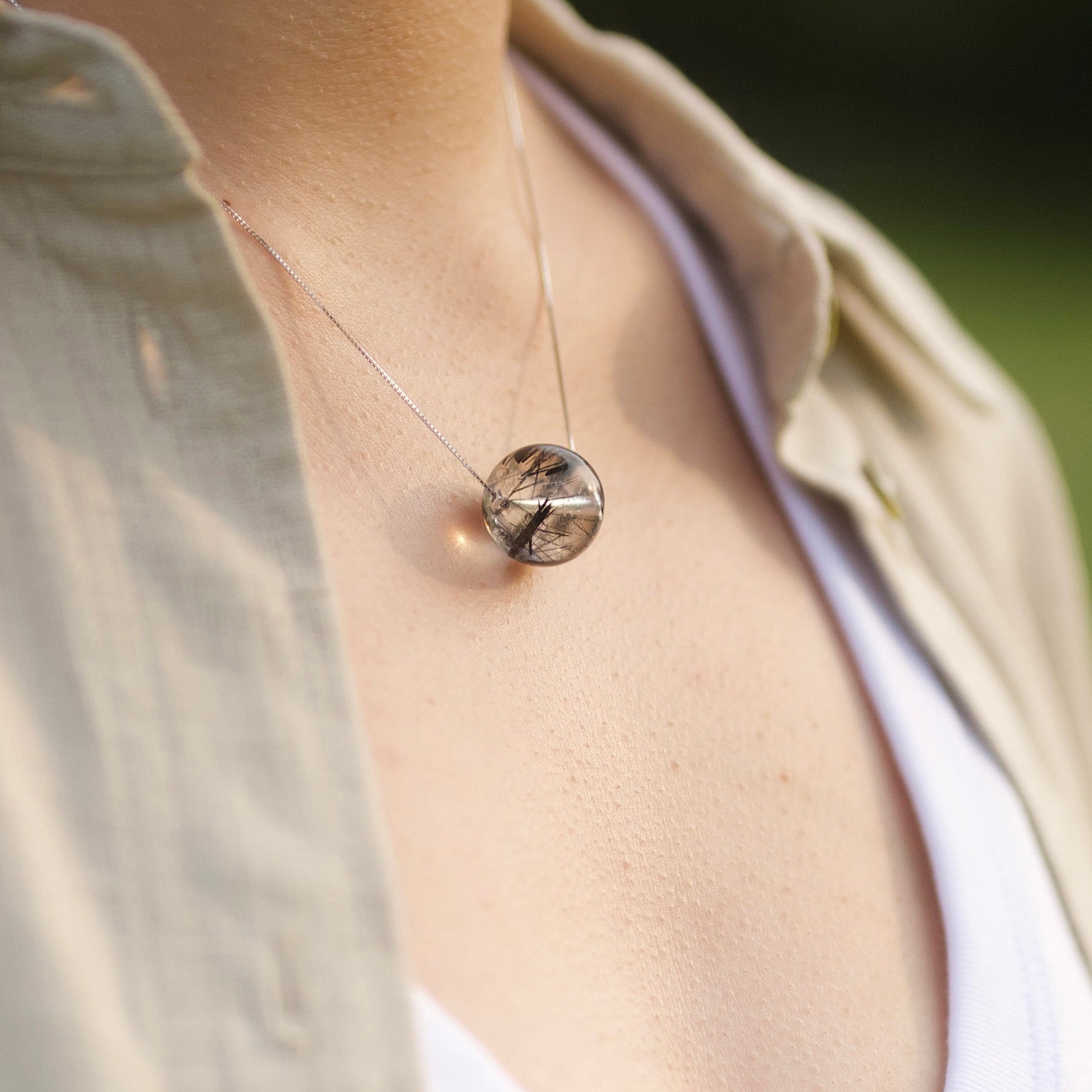 Black Quartz Rutilated Solitaire Necklace